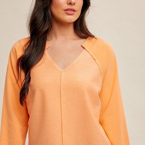 HEM & THREAD Orange V-Neck Long Sleeve Top, Soft Lightweight Pullover, Casual - Picture 3 of 4